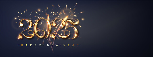 2025 Happy new year banner with flickering fireworks and golden luxury number. Dark premium background with golden realistic golden metal number