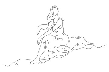 Woman sits on the edge of a cliff.Young woman sits alone on a rock. Romantic anticipation.Teenager is sad in loneliness.One continuous line drawing.Girl with luxurious hair in a dress.Line Art isolate