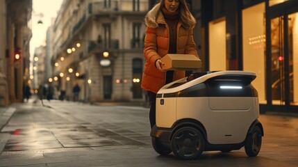 Delivery robot, robot LED light, white body, delivery scene, goods delivery, scene taking items out...