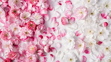 Cherry blossom Pink sakura spring flowers and white cherry petals isolated on white background Springtime concept Creative banner Flat lay top view Floral design element : Generative AI