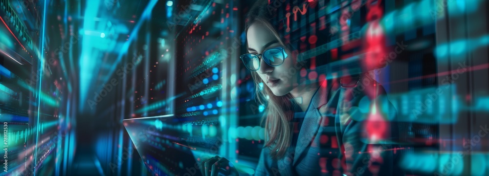 Aufkleber A female computer engineer is focused on solving technical problems and ensuring the optimal functioning of the computer infrastructure in the data center. Futuristic banner concept