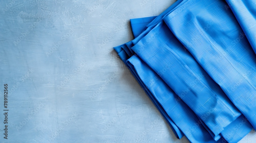Aufkleber top view with blue kitchen napkin isolated on table background Folded cloth for mockup with copy space Flat lay Minimal style : Generative AI