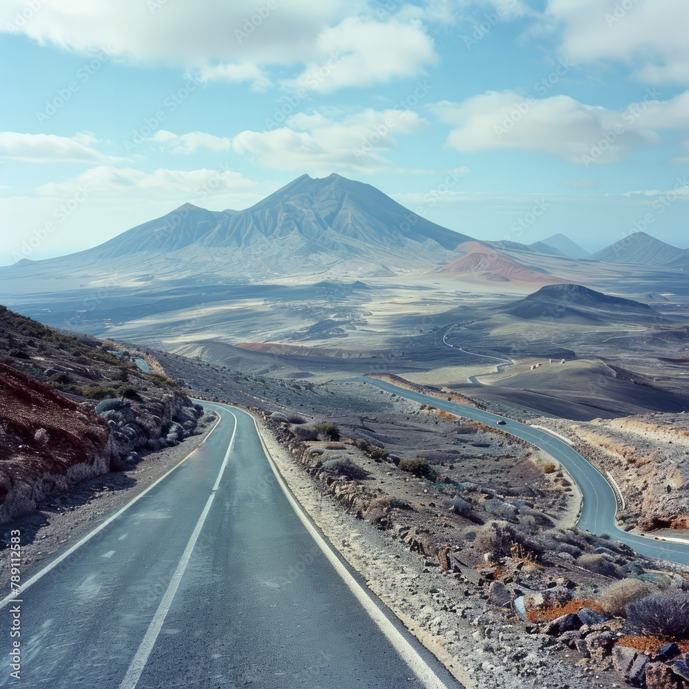 Poster a road with a mountain in the background. the road is empty and the sky is clear