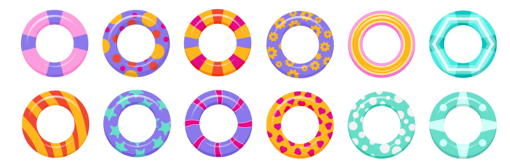 PNG, Rubber swim ring set, sea fun and security. Colored inflatable circles for swimming in flat design. Summer, water and beach theme, Lifebuoy. Vector illustration