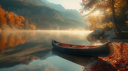 A serene lake in the mountains at sunrise, mist hovering over the water, a canoe resting on the shore, surrounded by autumn foliage. Generative AI illustration  - obrazy, fototapety, plakaty