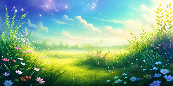 A serene landscape, featuring a lush green field with tall grasses, wildflowers, and a path leading into the distance under a clear blue sky filled with fluffy white clouds.