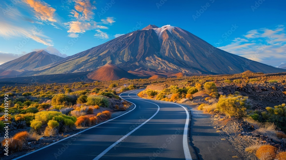 Poster a mountain range is in the background of a road. the road is empty and straight. the sky is blue and