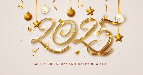 2025 New Year banner with 3D gold numbers and hanging ornaments. Christmas and New Year banner festive season banner.