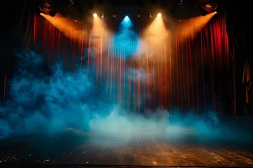 Fotobehang A dramatic theater stage light background, featuring a powerful spotlight illuminating the darkness, creating an atmospheric setting for performances and presentations. © Goodthings