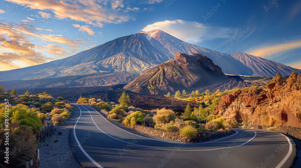 Poster a mountain range is in the background of a road with a curve. the road is empty and the sky is blue