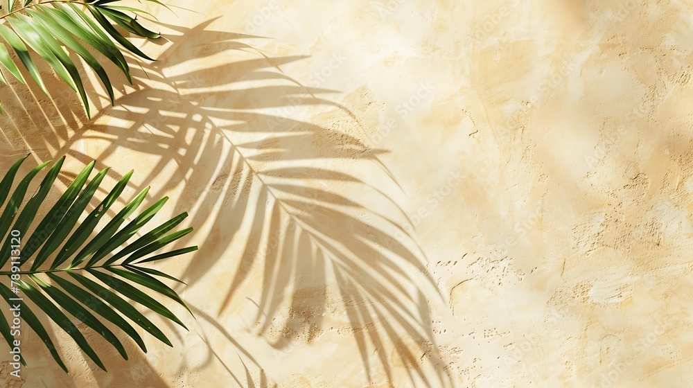 Poster abstract background with tropical palm leaves shadow on beige wall creative minimal design with copy