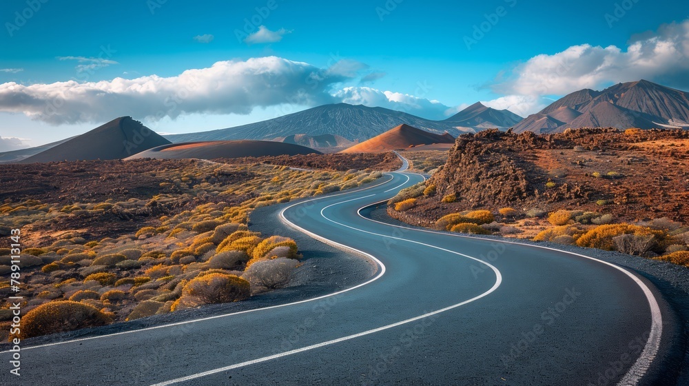 Poster a winding road with a mountain in the background. the road is empty and the sky is clear