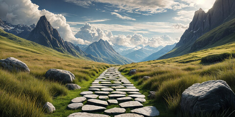 A serene landscape with a stone path leading towards majestic mountains under a clear sky. - obrazy, fototapety, plakaty