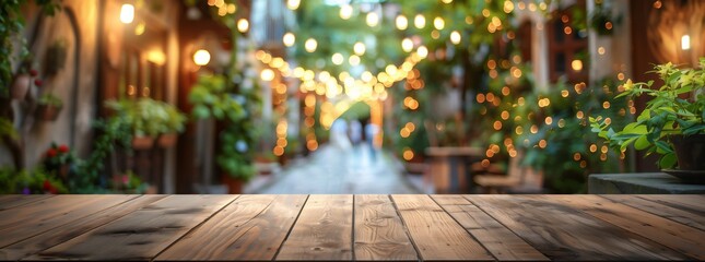 Wooden table and blurry background of a small cobble street with festive lights green plants, old town with festive light plants and flowers and an empty table for displaying products, AI generated