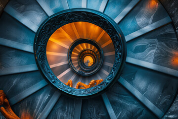 Top-view photo of a spiral staircase. Forms a nautilus-shaped abstract pattern.