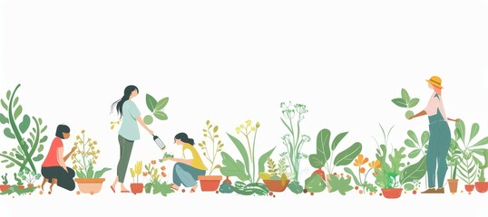 A group of people are working in a garden, with one person holding a watering can. The scene is lively and colorful, with a sense of community and teamwork