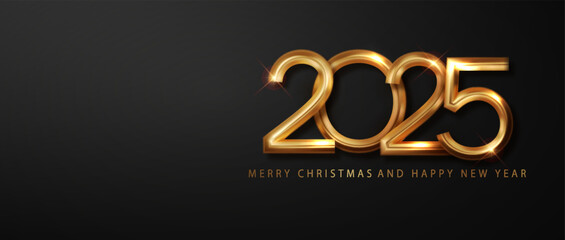 Happy New 2025 Year holiday vector illustration. Golden realistic metallic 3d numbers 2025 isolated on black background.