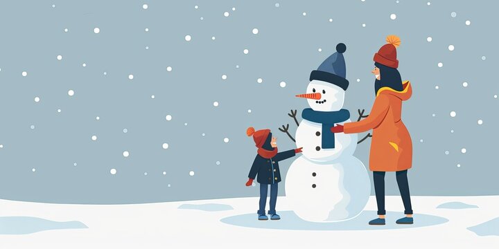 A woman and a child are playing in the snow, with the woman helping the child build a snowman. Concept of warmth and togetherness, as the woman and child enjoy a fun winter activity