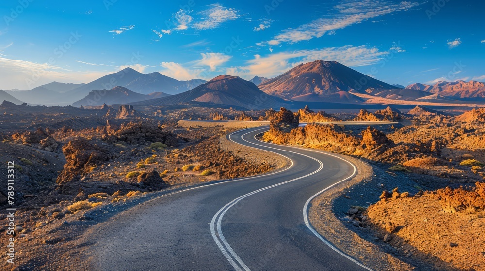 Poster a winding road in the desert with mountains in the background. the road is empty and the sky is clea