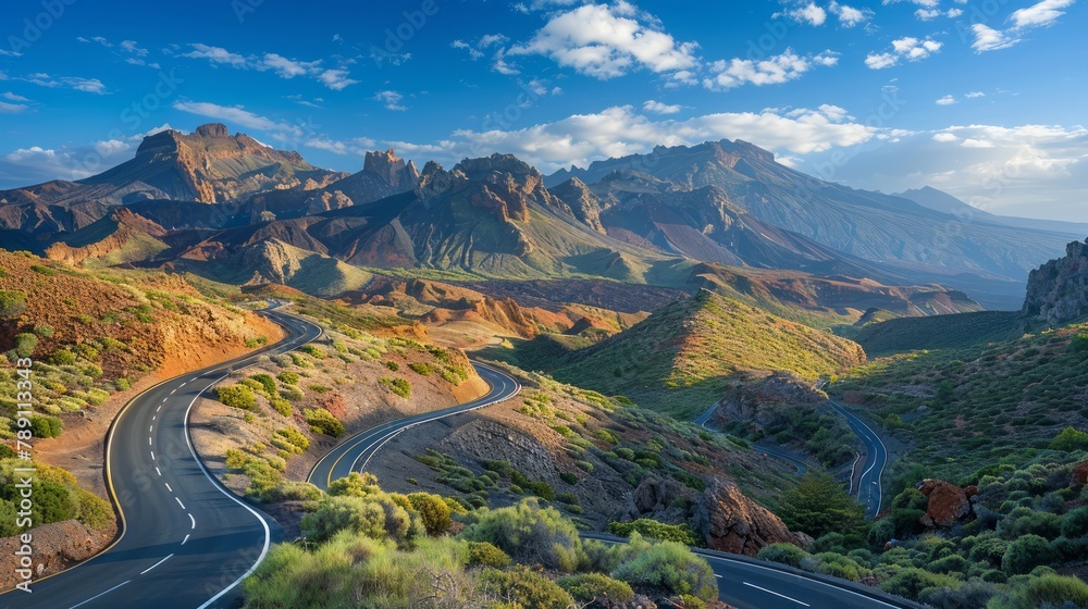 Poster a winding road in the desert with mountains in the background. the road is empty and the sky is clea