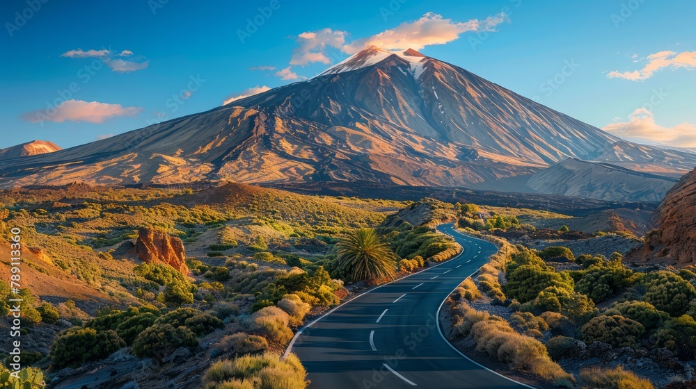 Poster a mountain range is in the background of a road. the road is winding and surrounded by trees. the sk