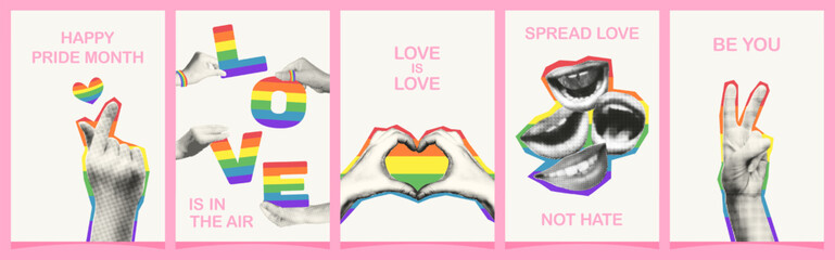 LGBTQ Pride month halftone collage vertical banners set. Grunge cut out from magazine human hands and mouths with rainbow symbol and positive slogans. Trendy modern retro vector illustration