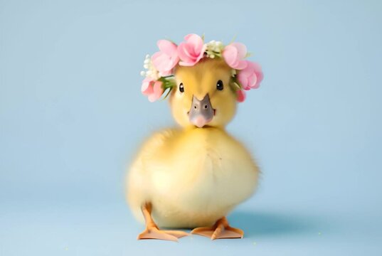 A duckling wearing a flower crown poses whimsically. Ideal for spring-themed designs. Generative AI