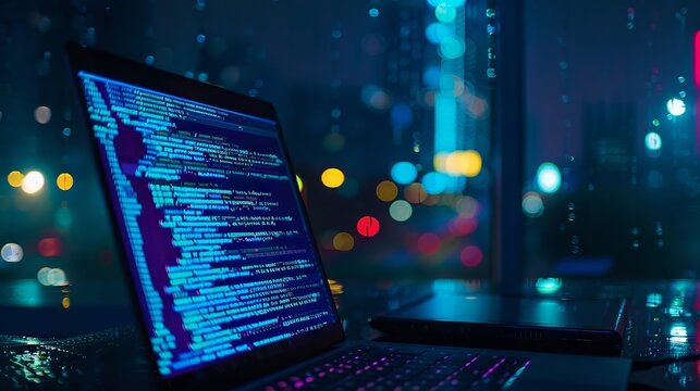 Nighttime coding session: illuminated laptop screen displaying swift programming language syntax for software development