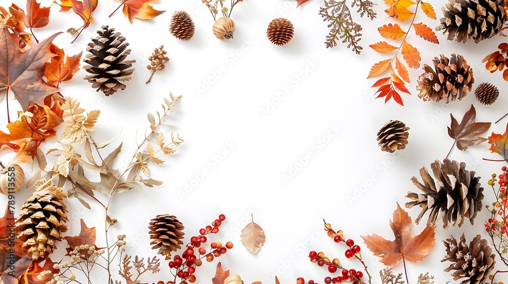 Aufkleber autumn floral background oak leaves cones flowers berries arranged in frame on white background copy