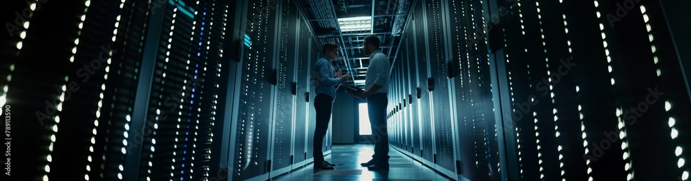 Aufkleber A team of male engineers improves and optimizes the software in the data center, ensuring that it meets security and efficiency requirements. Wide format