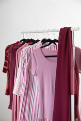 women's clothing in pink and burgundy trendy colors on a hanger - 789113581