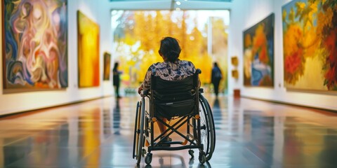 A woman in a wheelchair is looking at a painting in a museum. The painting is colorful and has a lot of detail. The woman seems to be enjoying the painting and taking in the details
