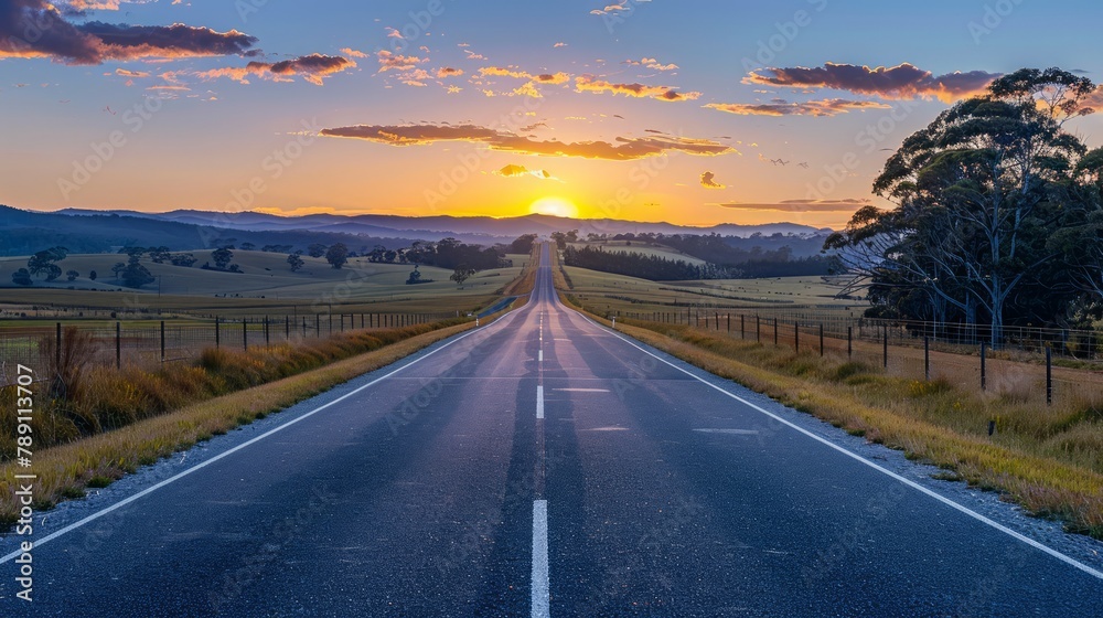 Poster a mountain range is in the background of a road. the road is empty and straight. the sky is blue and