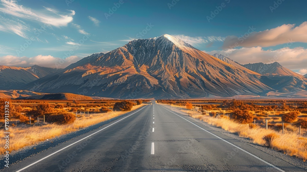 Poster a mountain range is in the background of a road. the road is empty and straight. the sky is blue and