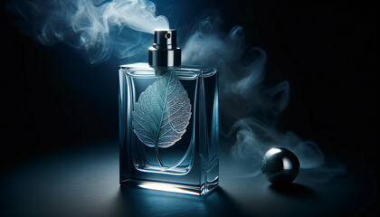 A sleek glass perfume bottle with a mist of fragrance visibly emanating from its open neck. The bottle is detailed with a transparent - obrazy, fototapety, plakaty