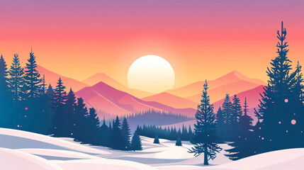 Winter sunset outdoor with distant hills 