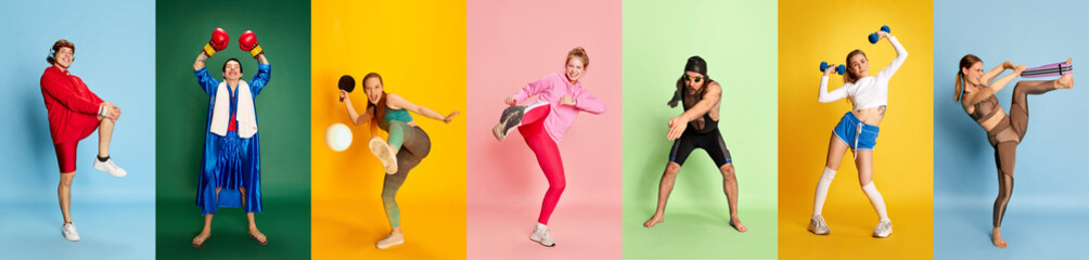 Banner. Collage. Energetic men and women training in motion with sport equipment against multicolored background. Concept of sport, active and healthy, lifestyle, match, fitness. Ad