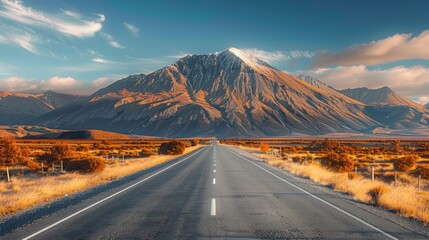 A mountain range is in the background of a road. The road is empty and straight. The sky is blue and the sun is shining
