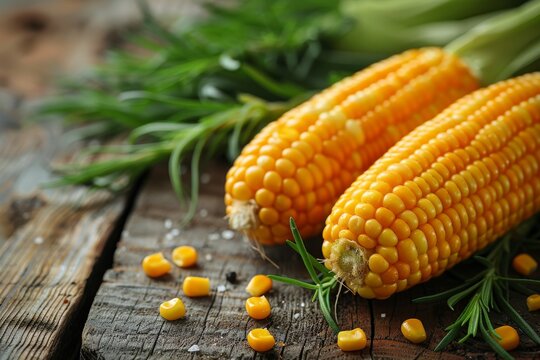 Fresh golden corn cobs with scattered kernels and rosemary sprigs on a weathered wooden surface