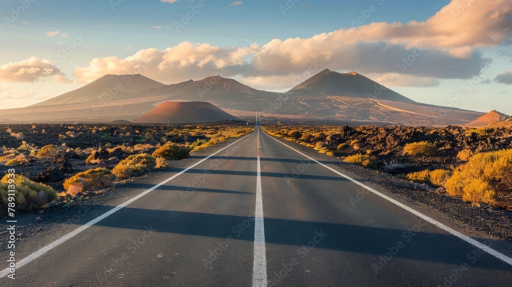Poster a long road with a mountain in the background. the road is empty and the sky is cloudy