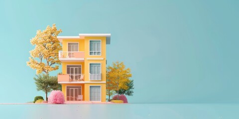 A yellow house with a tree in front of it. The house is on a blue background - obrazy, fototapety, plakaty