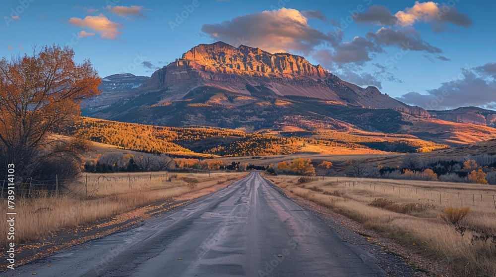 Poster a road with a mountain in the background. the road is empty and the sky is cloudy