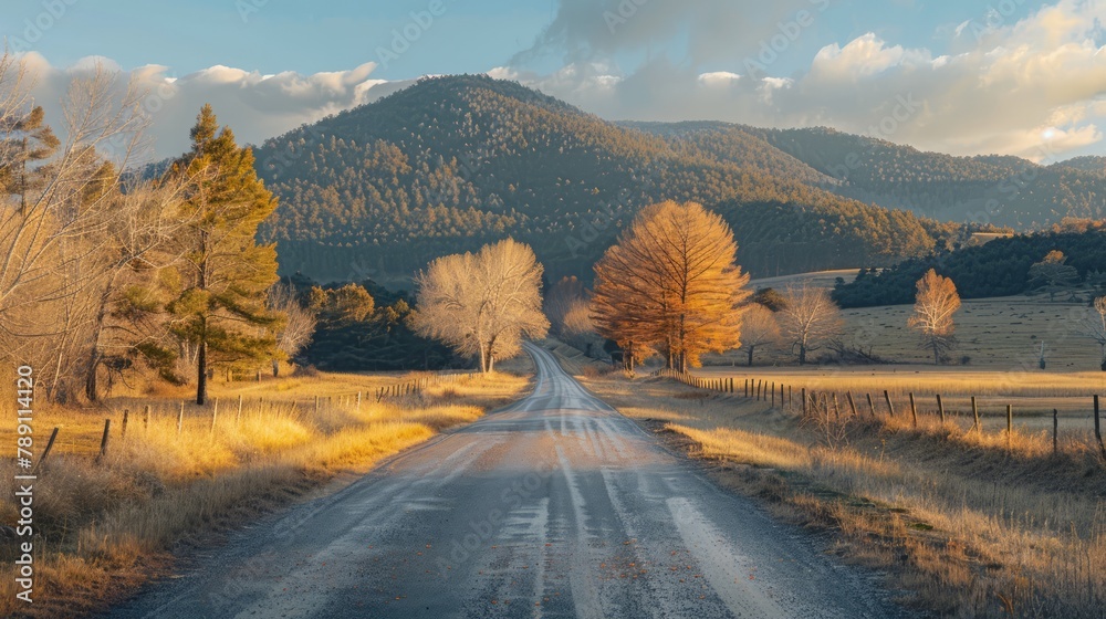 Poster A road with trees on either side and a mountain in the background