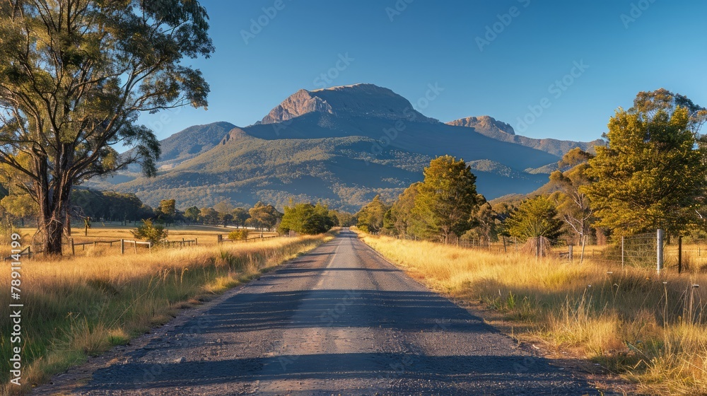 Poster a road with a mountain in the background. the road is empty and the sky is clear