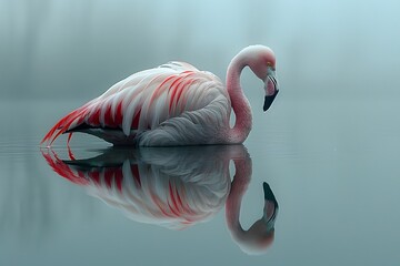 Pink Flamingo Resting on Water Surface. Generative AI - obrazy, fototapety, plakaty