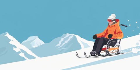 A man in a wheelchair is skiing down a snowy mountain. The scene is lively and energetic, with the man's skis and the snow-covered mountain creating a sense of adventure and excitement