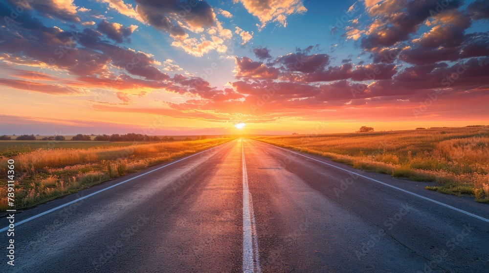 Poster a long road with a sunset in the background. the sky is filled with clouds and the sun is setting