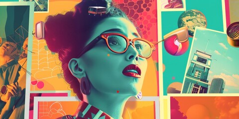 A woman with glasses and red lipstick is the main focus of the image. The background features a variety of colorful and abstract images, including a city skyline, a beach, and a spider web - obrazy, fototapety, plakaty