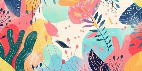 A colorful painting of flowers and leaves. The painting is full of bright colors and has a lively, cheerful mood - obrazy, fototapety, plakaty
