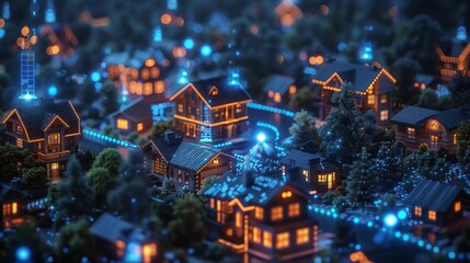 A cityscape with houses lit up in blue lights. Scene is warm and inviting, with the blue lights creating a cozy atmosphere